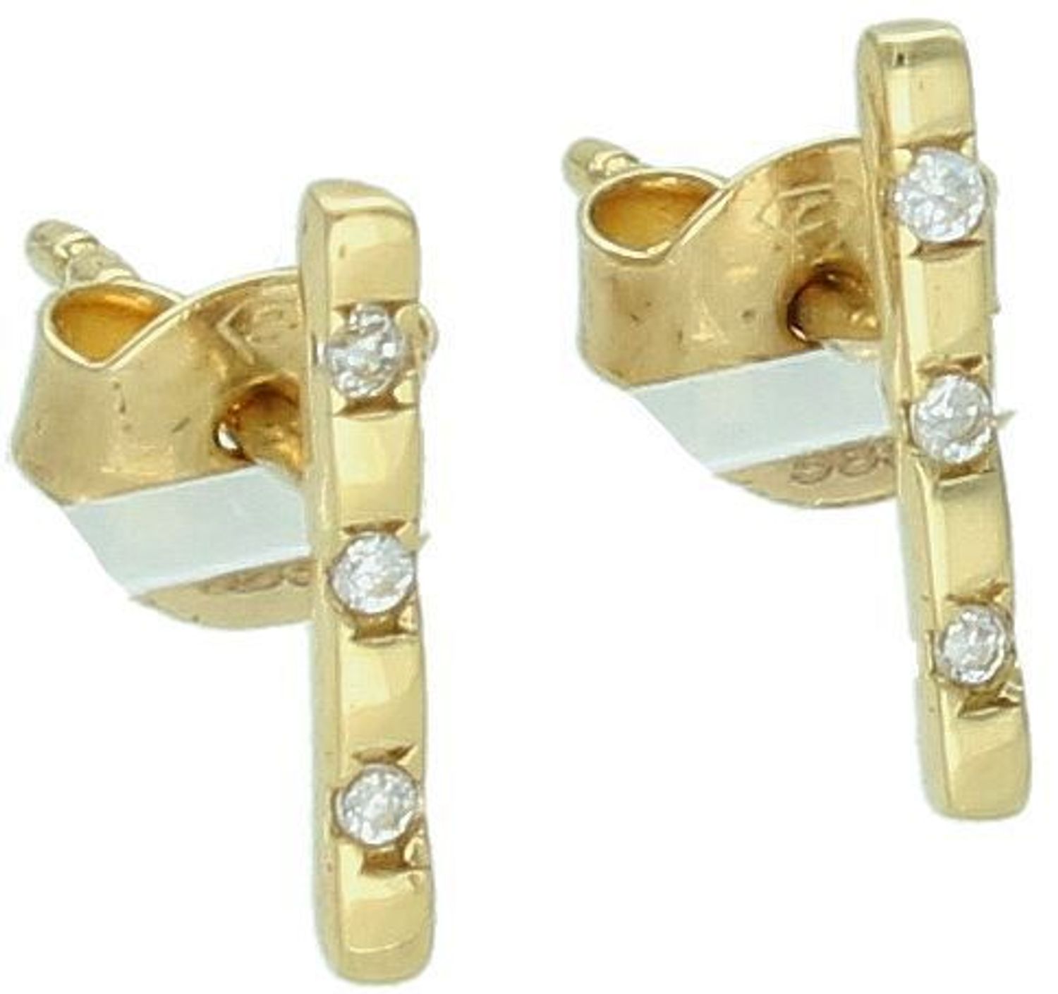 Kolczyki złote 585 pałeczki z cyrkoniami KL 6218-585 Modne, złote kolczyki, w kształcie krótkich pałeczek, wykonane ze złota wysokiej próby 585 o wadze około 0,71 g, ozdobione małymi,1.jpg